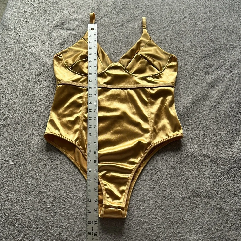 Womens Gold Satin Wireless Leotard Bodysuit w/ Adjustable Straps - Size L - Picture 10 of 11